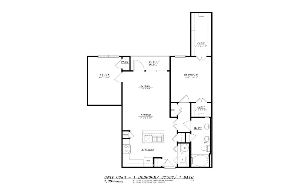 A7A - 1 bedroom floorplan layout with 1 bathroom and 1099 square feet (2D)