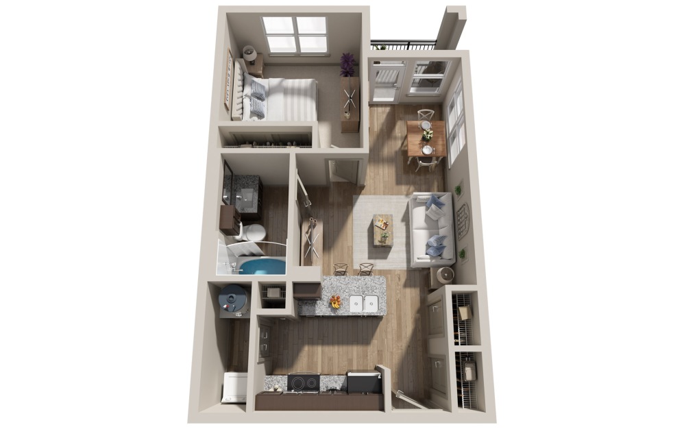 A1 - 1 bedroom floorplan layout with 1 bathroom and 640 square feet (3D) A1 - 1 bedroom floorplan layout with 1 bathroom and 640 square feet (3D)