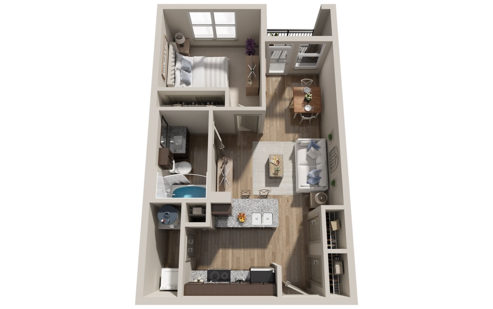 A1A - 1 bedroom floorplan layout with 1 bathroom and 640 square feet (3D) A1A - 1 bedroom floorplan layout with 1 bathroom and 640 square feet (3D)