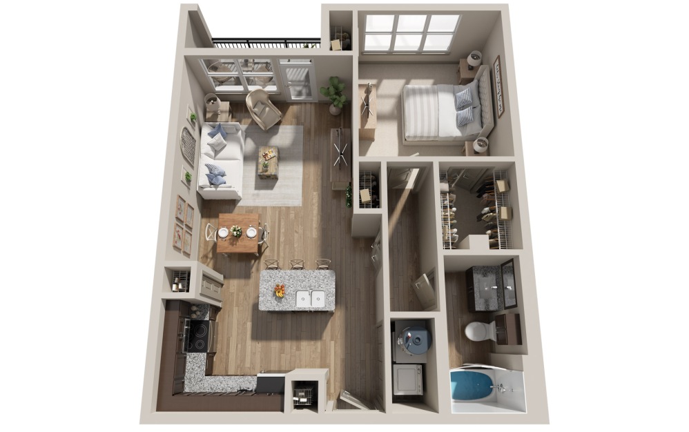 A3 - 1 bedroom floorplan layout with 1 bathroom and 832 square feet (3D)