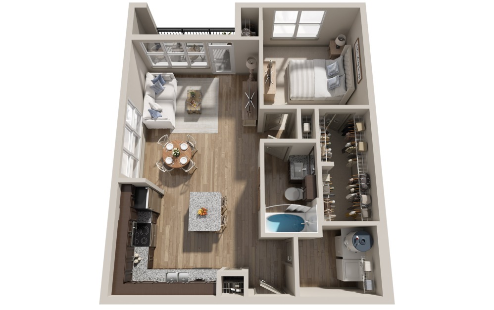 A4 - 1 bedroom floorplan layout with 1 bathroom and 855 square feet (3D) A4 - 1 bedroom floorplan layout with 1 bathroom and 855 square feet (3D)