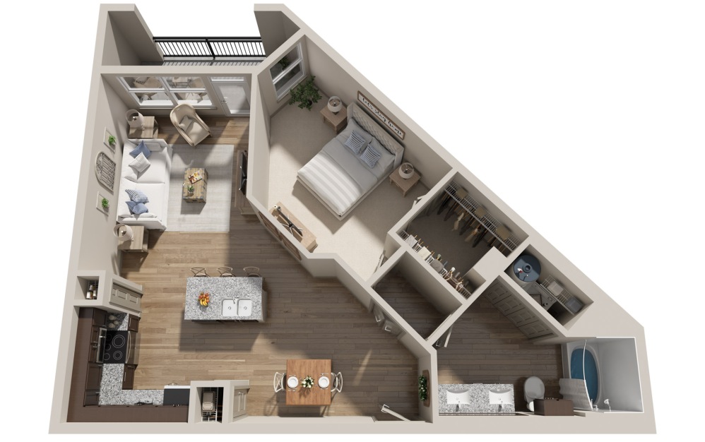 A5A - 1 bedroom floorplan layout with 1 bathroom and 945 square feet (3D) A5A - 1 bedroom floorplan layout with 1 bathroom and 945 square feet (3D)