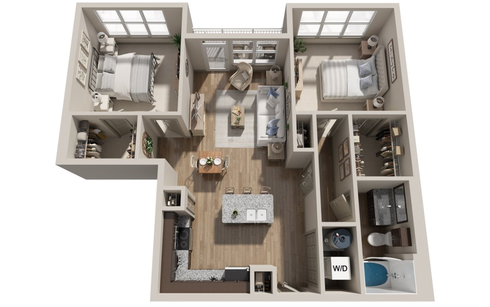 B1 - 2 bedroom floorplan layout with 1 bathroom and 1026 square feet (3D) B1 - 2 bedroom floorplan layout with 1 bathroom and 1026 square feet (3D)