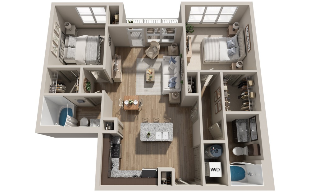 B2 - 2 bedroom floorplan layout with 2 bathrooms and 1064 square feet (3D)