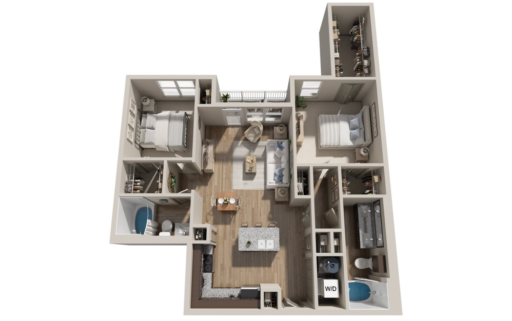 B2A - 2 bedroom floorplan layout with 2 bathrooms and 1143 square feet (3D) B2A - 2 bedroom floorplan layout with 2 bathrooms and 1143 square feet (3D)