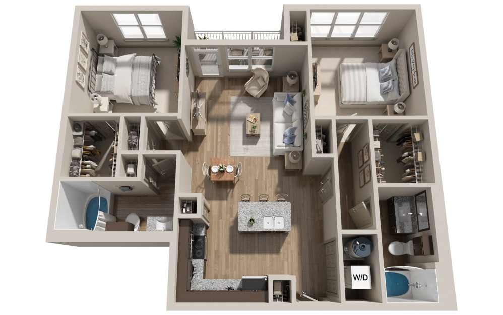 B3 - 2 bedroom floorplan layout with 2 bathrooms and 1151 square feet (3D) B3 - 2 bedroom floorplan layout with 2 bathrooms and 1151 square feet (3D)