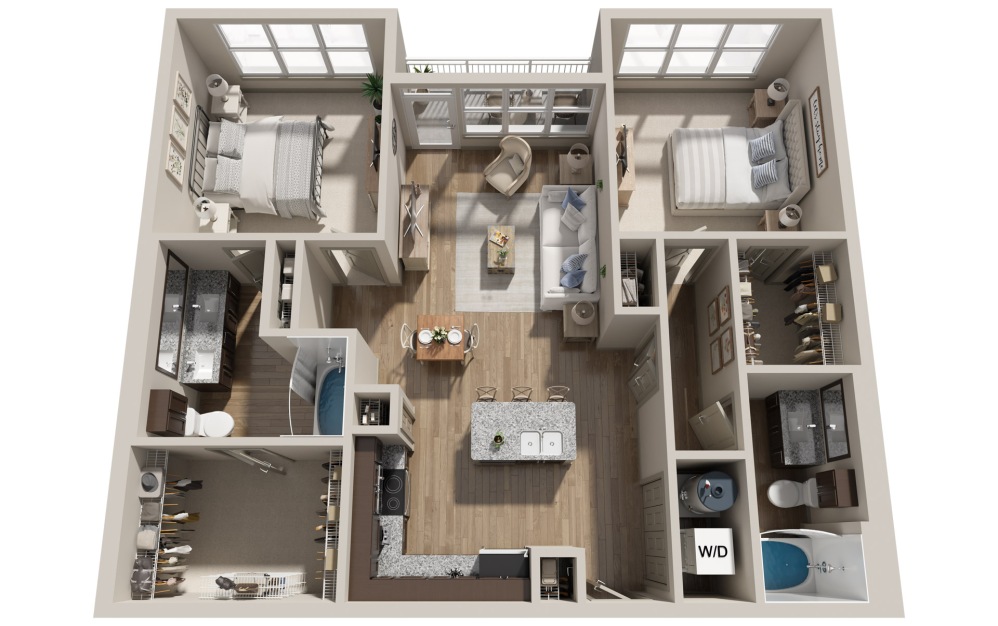 B4 - 2 bedroom floorplan layout with 2 bathrooms and 1176 square feet (3D) B4 - 2 bedroom floorplan layout with 2 bathrooms and 1176 square feet (3D)