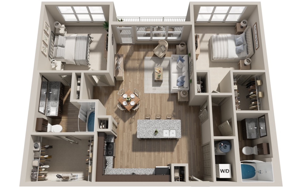 B5 - 2 bedroom floorplan layout with 2 bathrooms and 1280 square feet (3D) B5 - 2 bedroom floorplan layout with 2 bathrooms and 1280 square feet (3D)