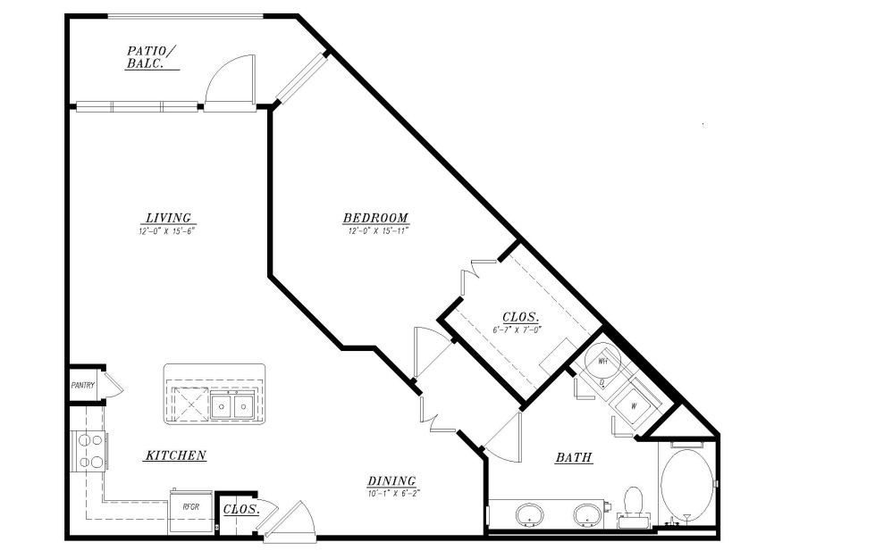 A5 - 1 bedroom floorplan layout with 1 bathroom and 945 square feet (2D)