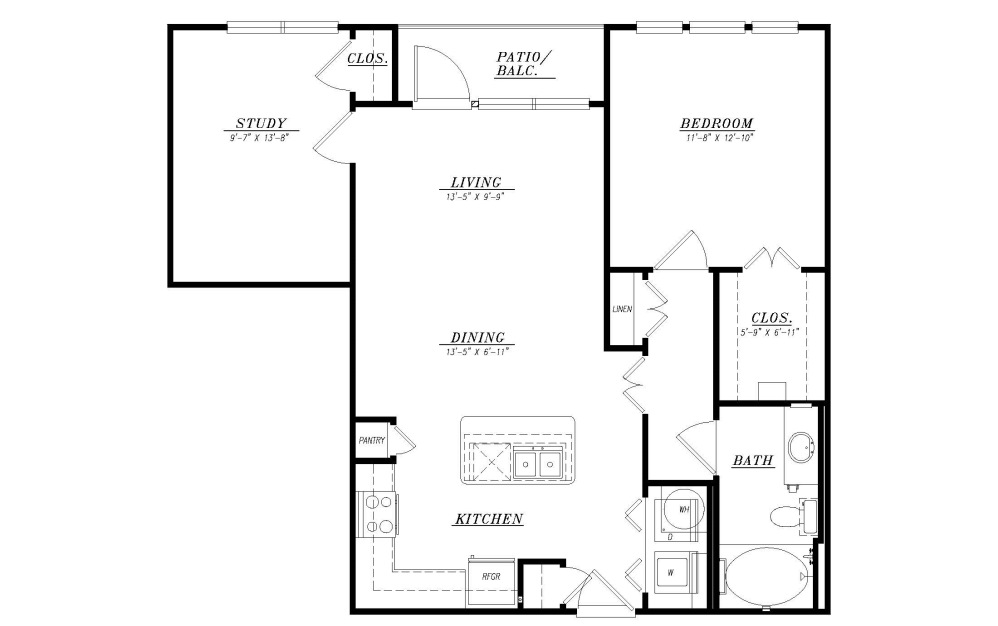 A7 - 1 bedroom floorplan layout with 1 bathroom and 972 square feet (2D)